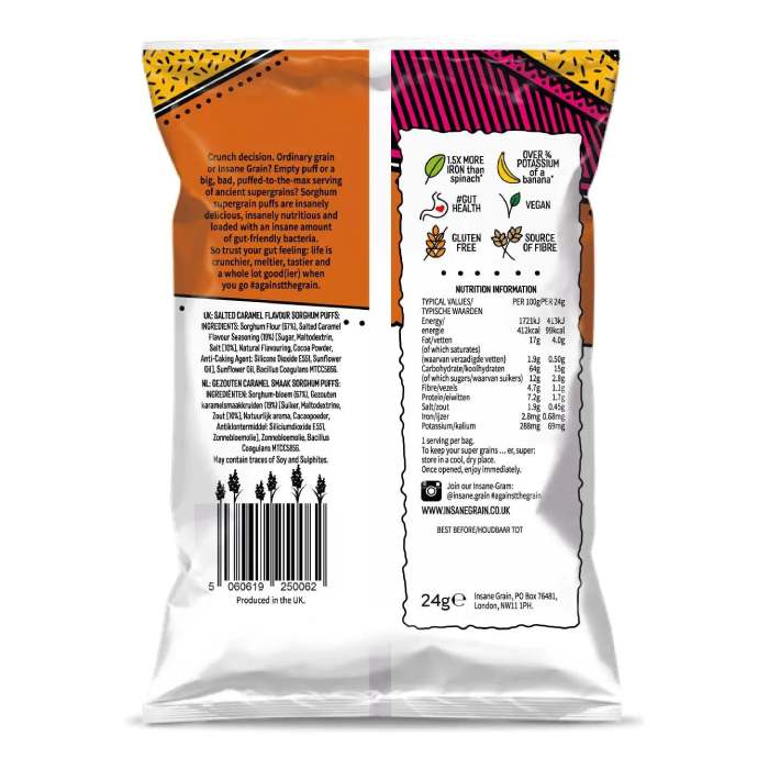 Insane Grain - Sorghum Supergrain Puffs Salted Caramel, 24g back