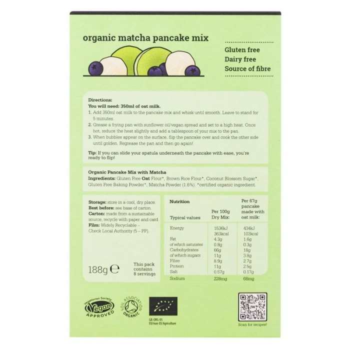 Just Wholefoods - Organic & Vegan Matcha Pancake Mix, 188g - back