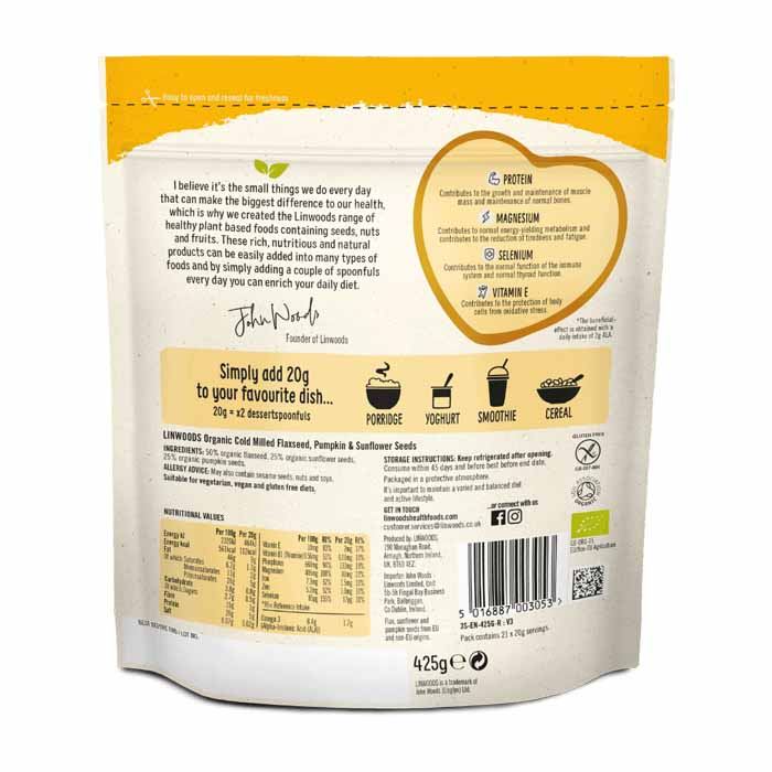 Linwoods - Cold Milled Organic Flaxseed Sunflower & Pumpkin, 425g - Back