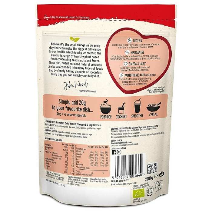 Linwoods - Organic Milled Flaxseed & Goji, 200g - back