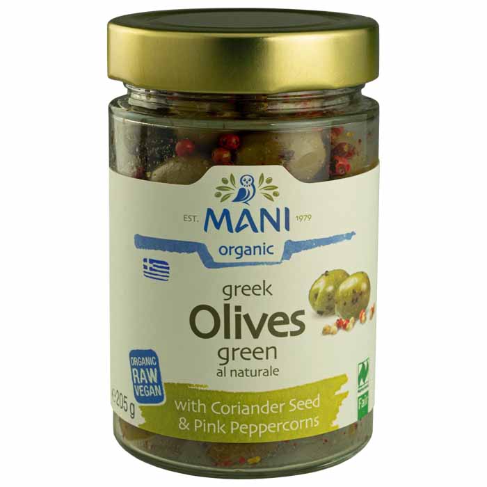 Mani - Org Green Olives with Pink Peppercorns and Coriander Seed, 205g