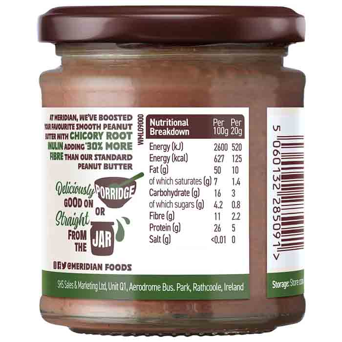 Meridian - High Fibre Smooth Peanut Butter with Chicory Root Fibre, 160g - Back