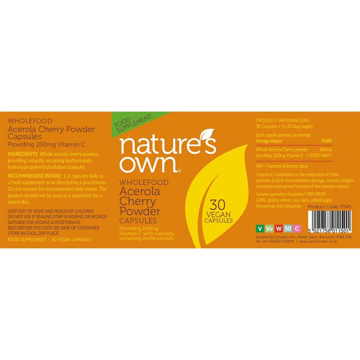 Natures Own - Acerola Cherry Wholefood Vitamin C, Vegan Capsules - 30 Vegan Capsules - back