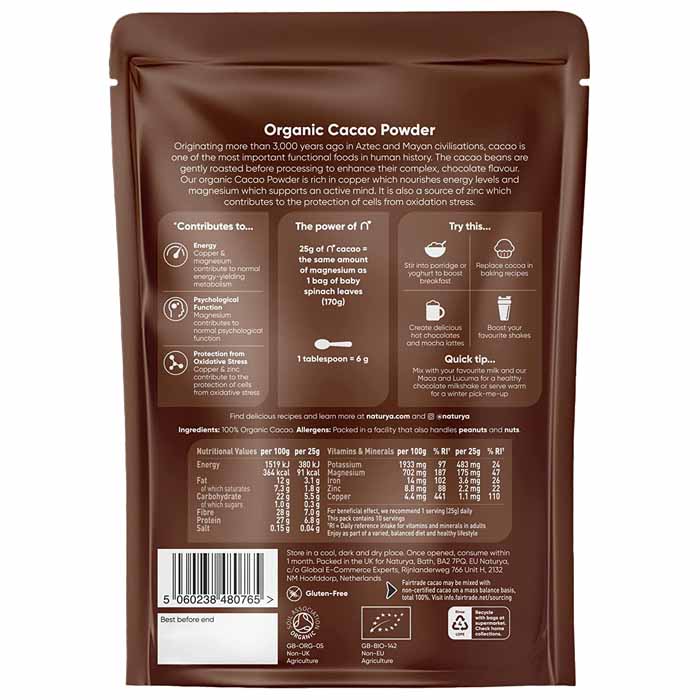 Naturya - Organic Cacao Powder Fair Trade, 250g - back