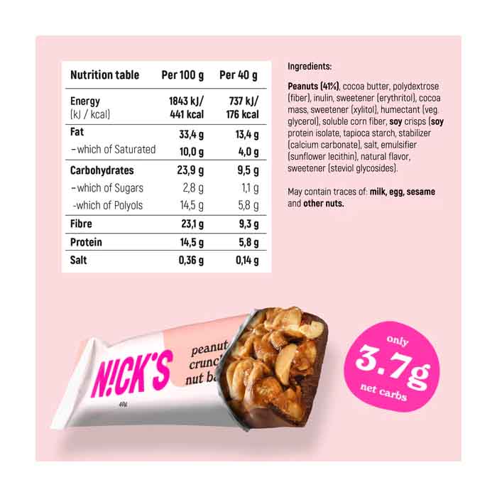 Nicks - Nut Bar Nut Crunch - Peanut, 40g  Pack of 12 - back