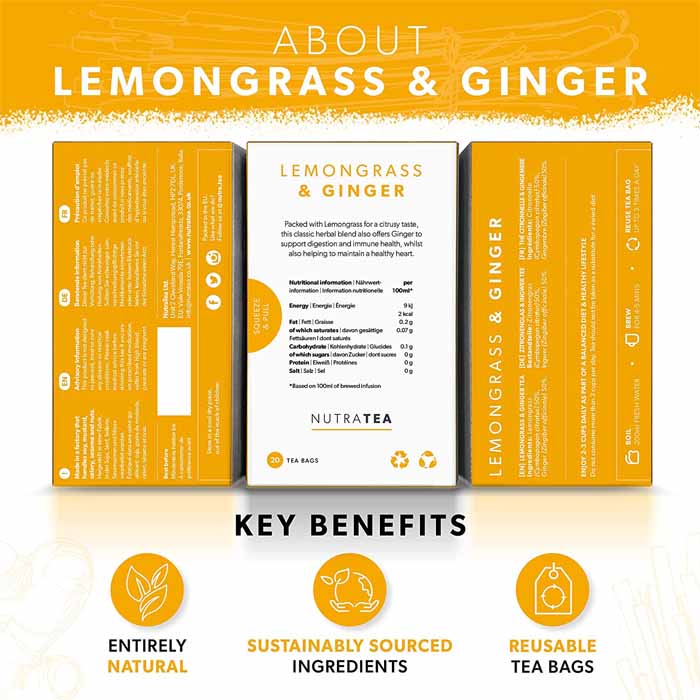 Nutra Tea - Lemongrass & Ginger Tea, 20 Bags - PlantX UK