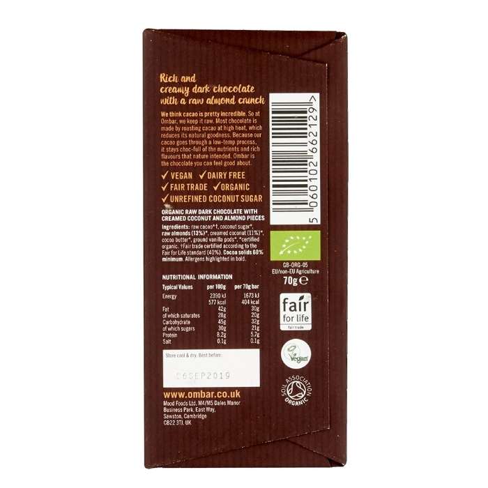 Ombar - Organic Coco Almond Chocolate Bar, 70g - back