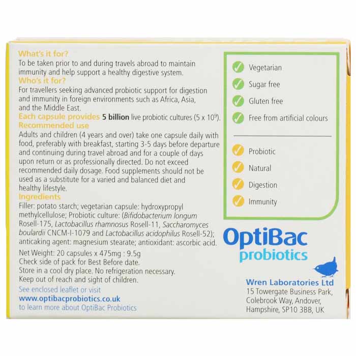OptiBac Probiotics - For Travelling Abroad (Live Cultures), 20 Capsules - back