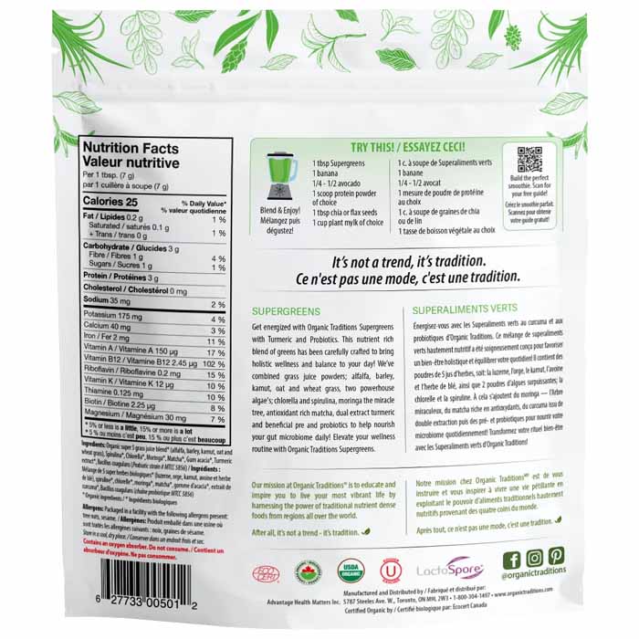 Organic Traditions - Organic Probiotics Super Greens with Turmeric, 100g - back