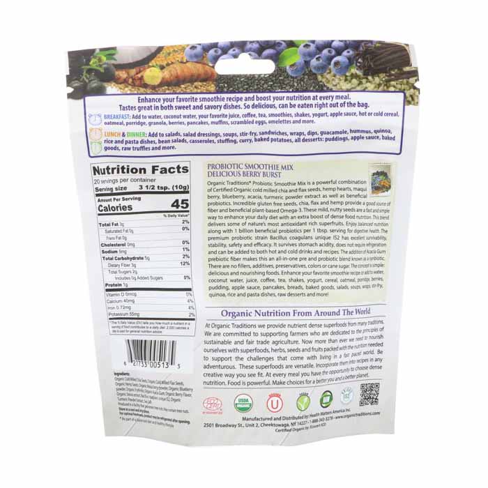 Organic Traditions - Organic Smoothie Mix with Probiotics - Berry Burst, 200g - back