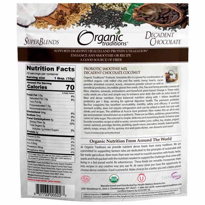 Organic Traditions - Organic Smoothie Mix with Probiotics - Decadent Chocolate Coconut, 200g - back