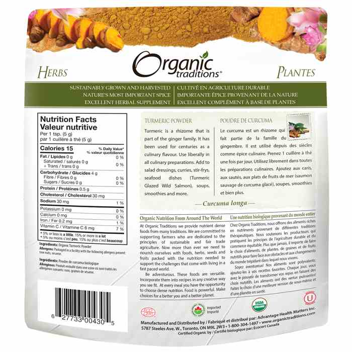 Organic Traditions - Organic Turmeric Powder, 200g - back 