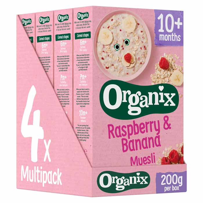 Organix - Organic Muesli for 10+ Months (Baby Cereal) - Raspberry & Banana (4-Pack), 200g