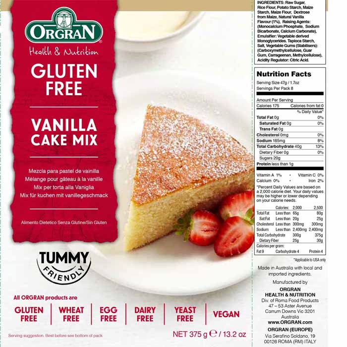 Orgran - Gluten-Free Vanilla Cake Mix, 375g - back