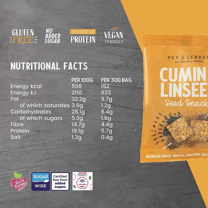 Pep & Lekker - Seed Snacks Cumin & Linseed, 30g facts
