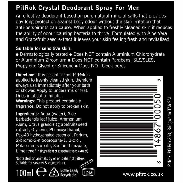PitROK - Crystal Natural Deodorant Spray for Men, 100ml - back