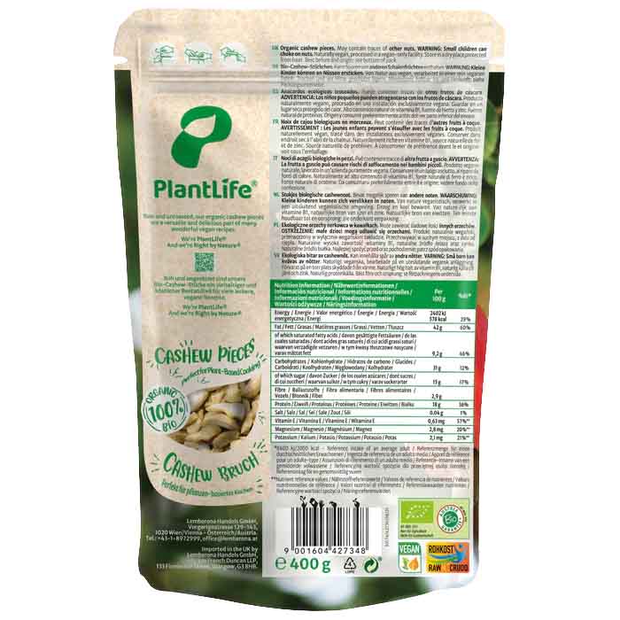 PlantLife - Organic Cashew Pieces, 400g -  back