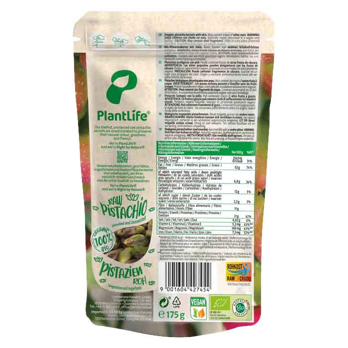 PlantLife - Organic Raw Pistachios, 175g - back
