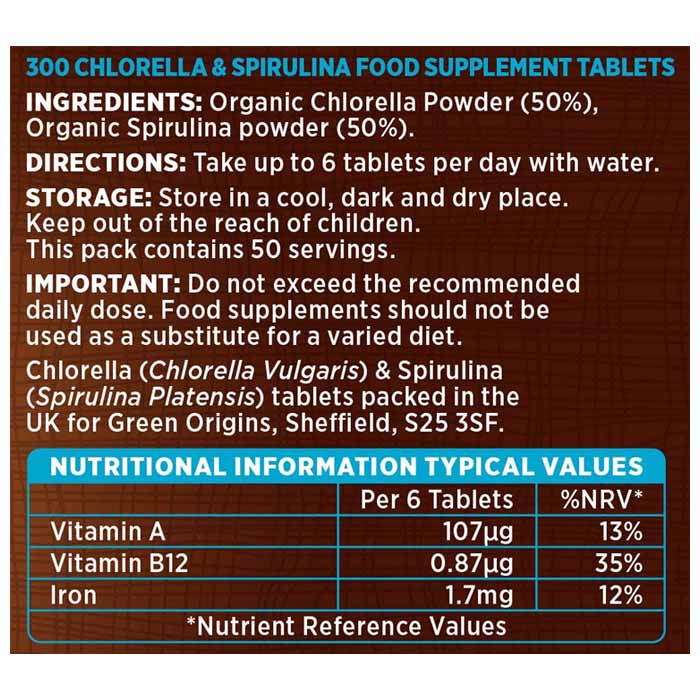 Rainforest Foods Organic Chlorella & Spirulina 500mg, 300 Tablets