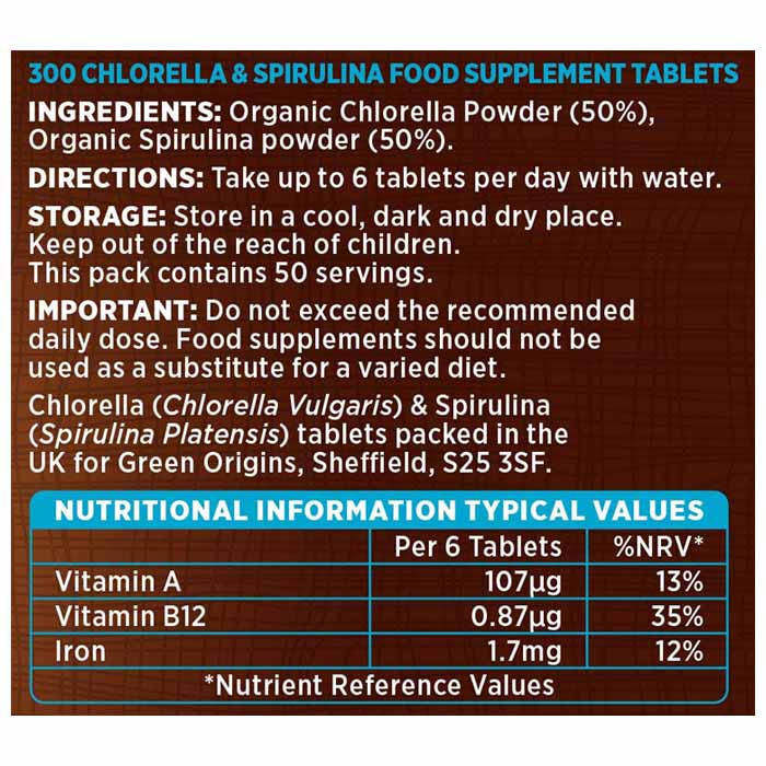 Rainforest Foods - Organic Chlorella & Spirulina 500mg, 300 Tablets - back