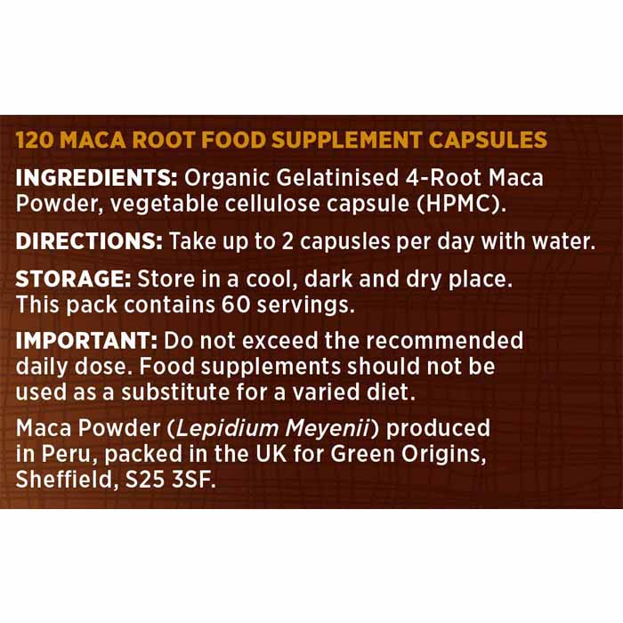 Rainforest Foods - Organic Gelatinised Maca Capsules 500mg, 120 Capsules - back