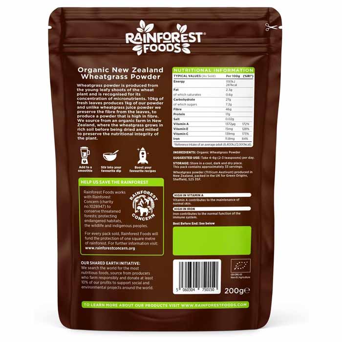Rainforest Foods - Organic New Zealand Wheatgrass Powder, 200g - back