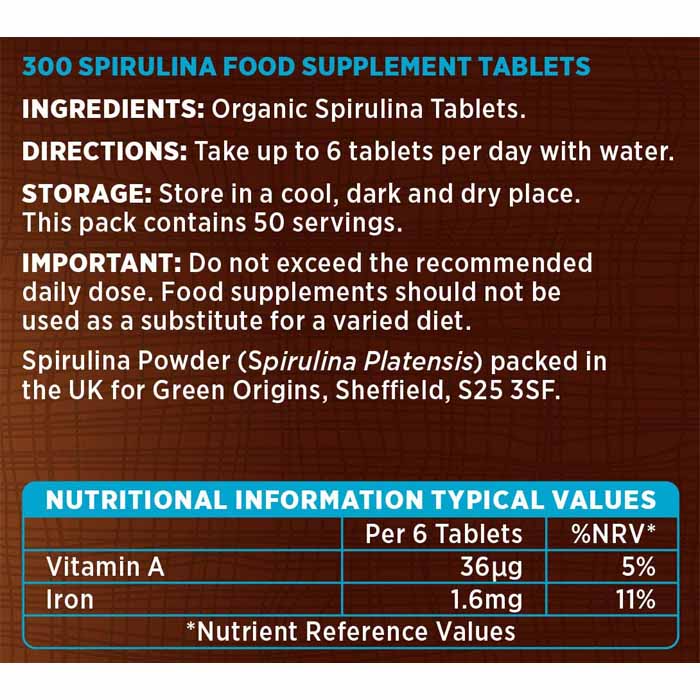 Rainforest Foods - Organic Spirulina - 500mg Tablets (300 Tablets) - back