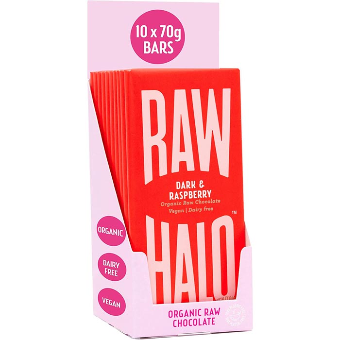 Raw Halo - Organic Dark Raw Chocolate - Dark + Raspberry (70g) 10 Bars