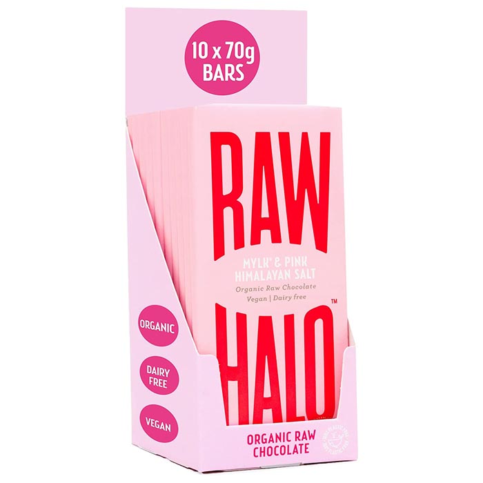 Raw Halo - Organic Mylk Raw Chocolate - Mylk + Pink Himalayan Salt (70g) 10 Bars