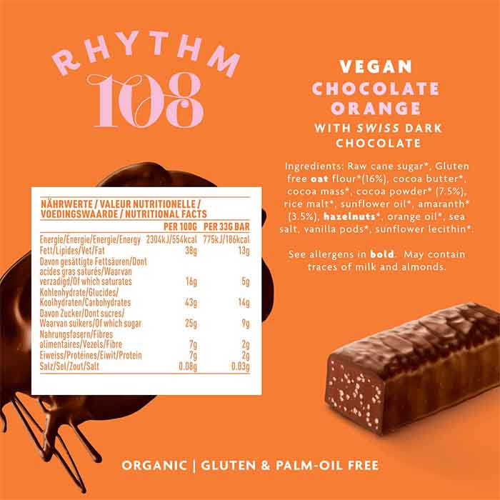 Rhythm 108 - Chocolate Orange Organic Swiss Dark Chocolate Bar, 33g  Pack of 15 - back