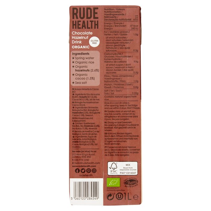 Rude Health - Organic Chocolate Hazelnut Drink, 1L - back