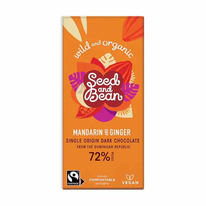 Seed & Bean - Organic and Fairtrade Dark 72% Mandarin Ginger Chocolate Bar, 75g  Pack of 10