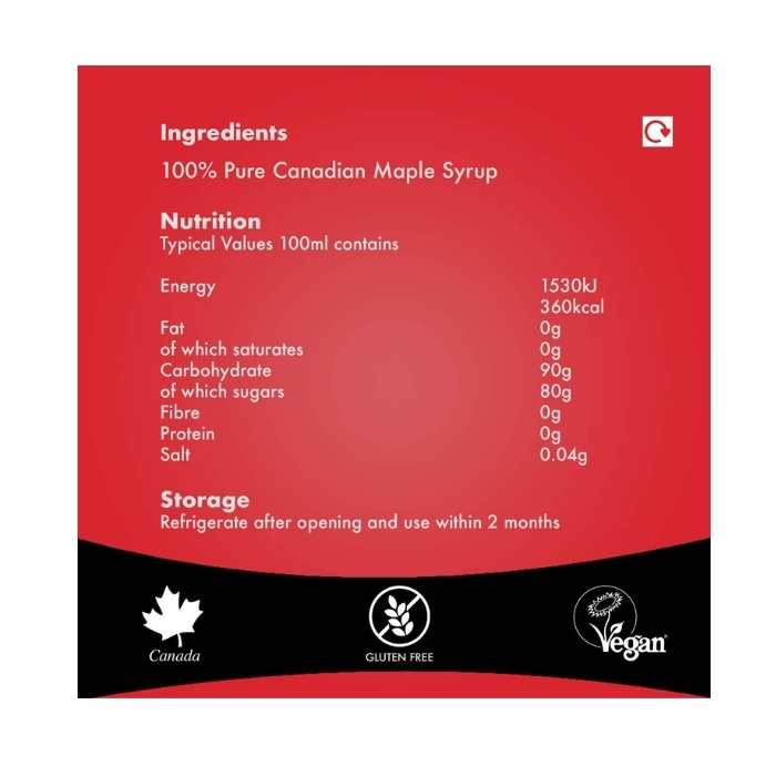 St Lawrence Gold - Pure Organic Canadian Maple Syrup Organic Grade A Amber, 250ml - back