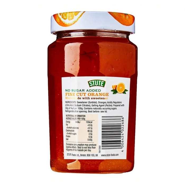 Stute - Diabetic Fine Cut Orange Marmalade, 430g - Back