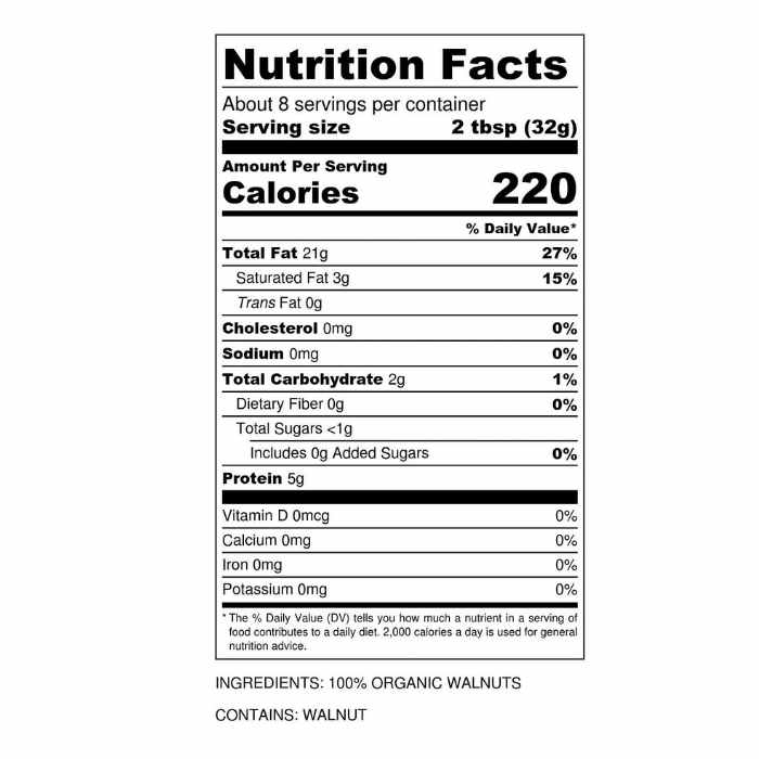 Sun & Seed - Raw Organic Walnut Butter, 250g - Nutrition Facts
