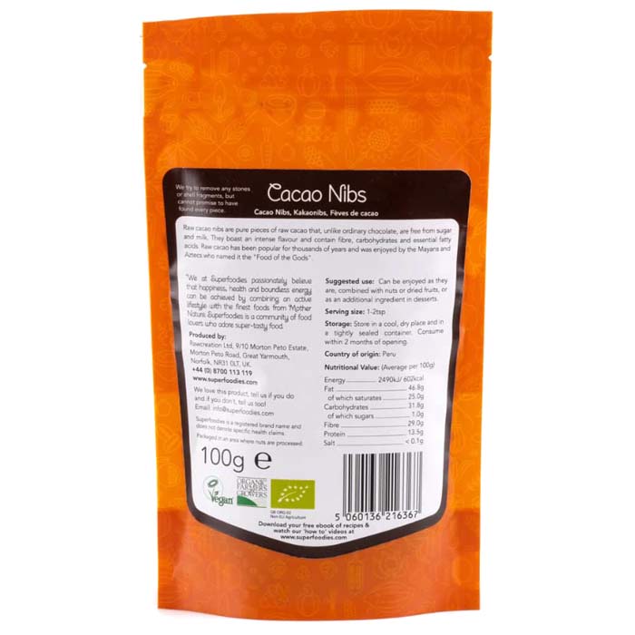 Superfoodies - Organic Cacao Nibs, 100g - back
