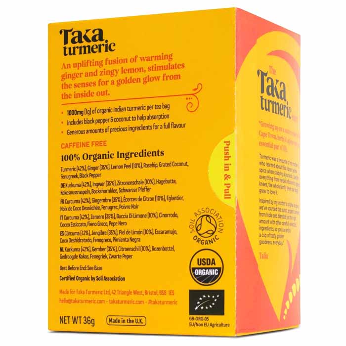 Taka Turmeric - Organic Turmeric, Ginger & Lemon Tea, 15 Bags - back