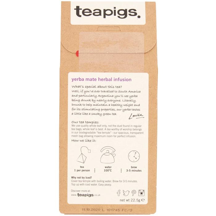 Teapigs - Yerba Mate Biodegradable Tea Temples, 15 bags -back