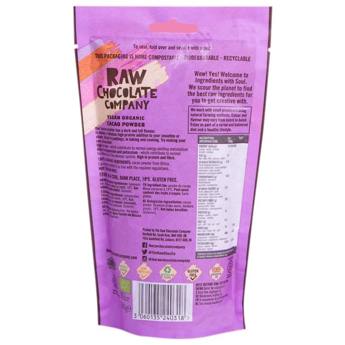 The Raw Chocolate Co - Organic Fairtrade Cacao Powder, 180g - back 