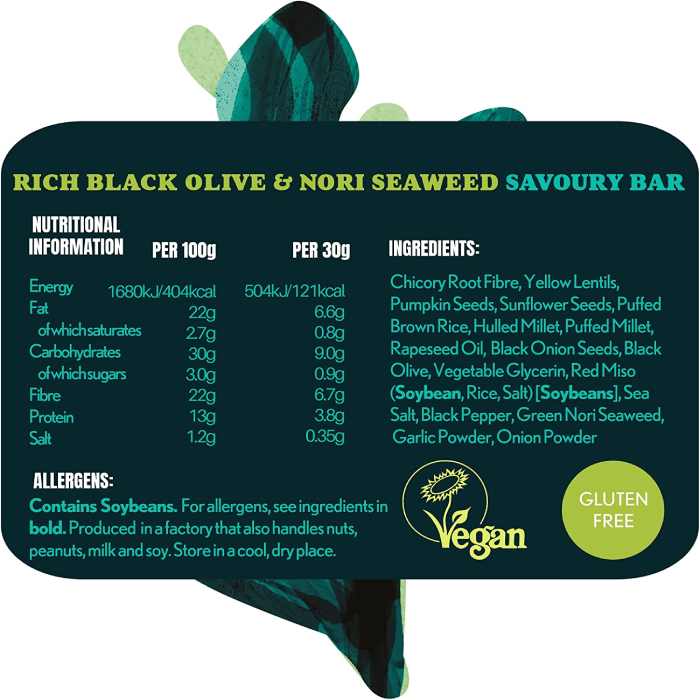 The Savourists - Savoury Snack Bar Crunchy Seed & Lentil Black Olive & Nori Seaweed, 40g facts