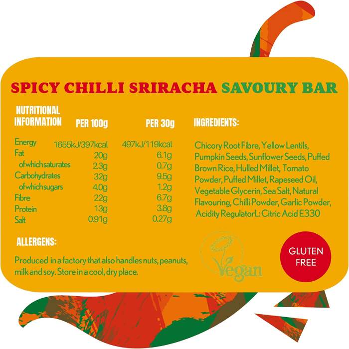 The Savourists - Savoury Snack Bar Crunchy Seed & Lentil Spicy Sriracha, 40g facts