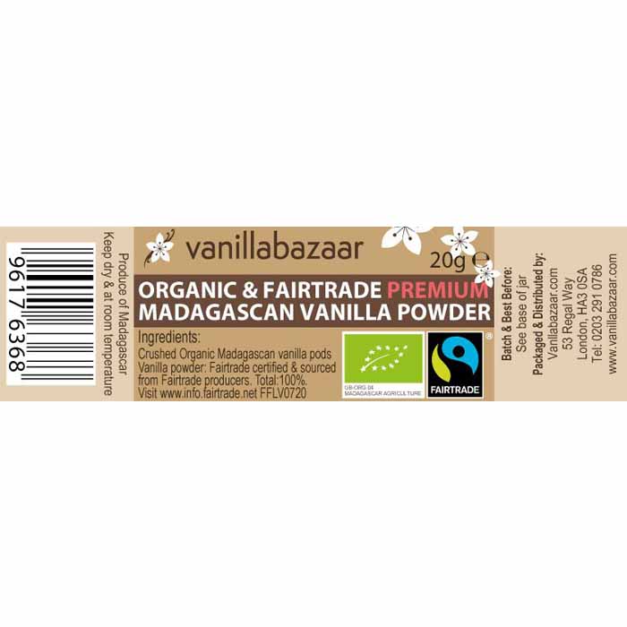 Vanilla Bazaar - Premium Organic Fairtrade Madagascan Vanilla Powder, 20g - back