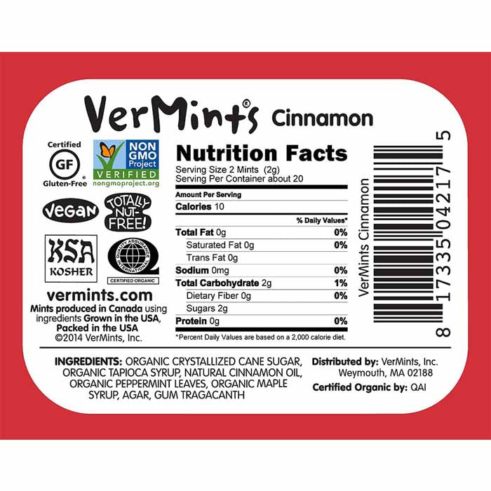 VerMints - Organic Mints - Cinnamon, 40g - back