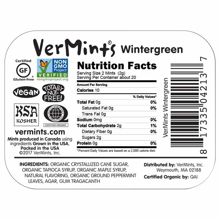 VerMints - Organic Mints - Winter Green, 40g - back