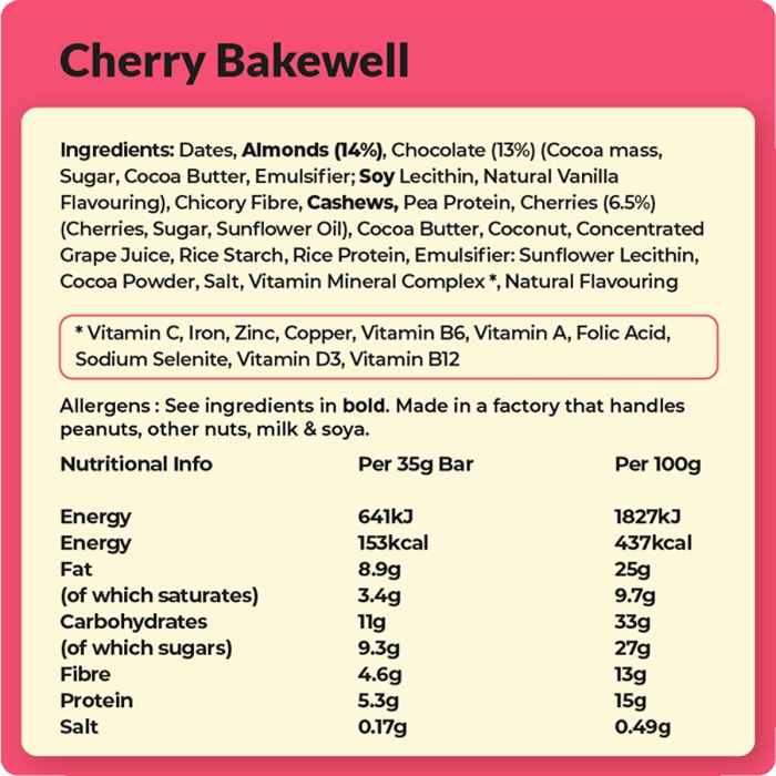 Vive - Better Brownie Bar Cherry Bakewell, 35g facts