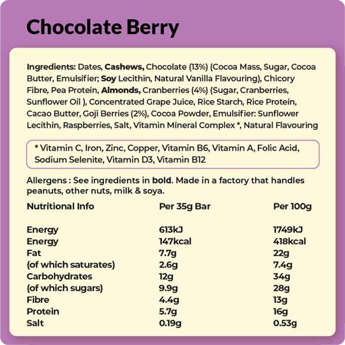 Vive - Better Brownie Bar Chocolate Berry, 35g facts