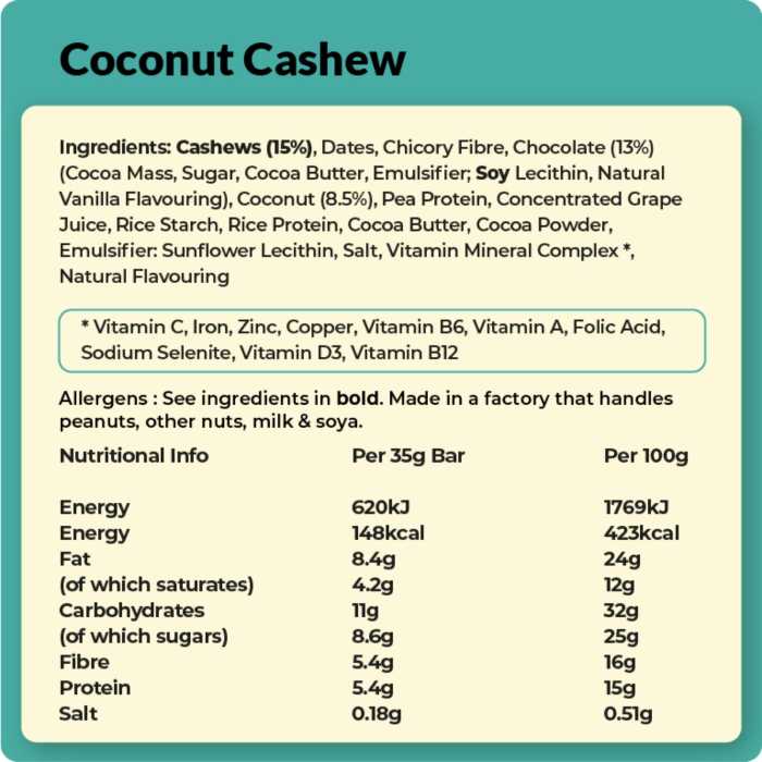 Vive - Better Brownie Bar Coconut Cashew, 35g facts