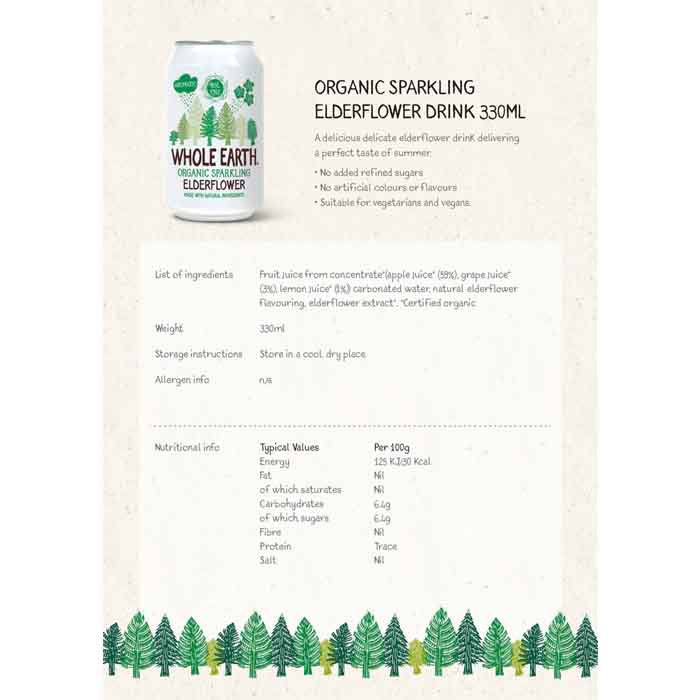 Whole Earth - Organic Sparkling Drink - Elderflower Can, 330ml  - back