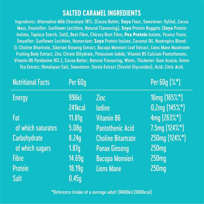 XITE - Vegan Nootropic Protein Bar - Salted Caramel (12 Bars), 60g - back