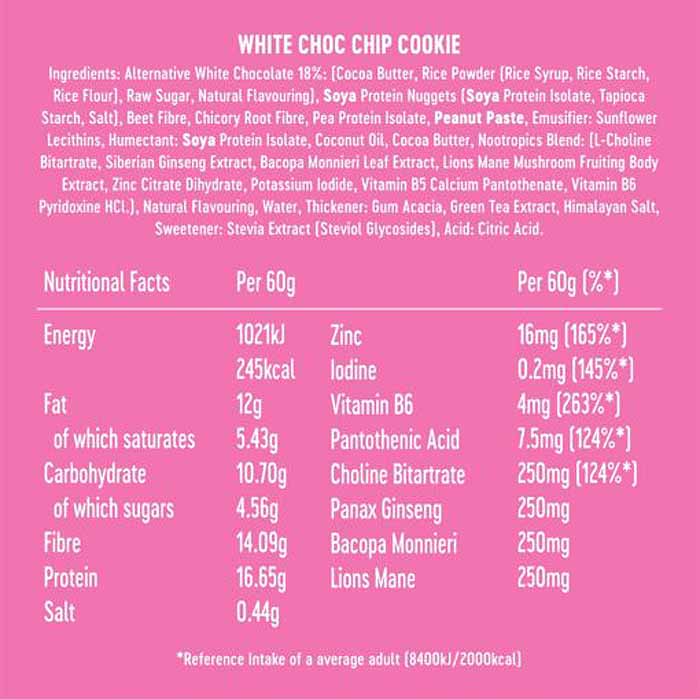 XITE - Vegan Nootropic Protein Bar - White Choc Chip Cookie (1 Bar), 60g - back